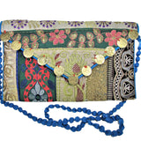 Unique Handmade Bag Green, Brown & Old Gold Embroidered Clutch Purse w/ Strap