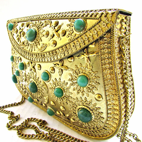 UNIQUE Handmade Bag Antique Gold Metal & Green Natural