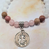 HANDMADE💕 Antique Silver Catholic Saint St Benedict Medal & Gemstones Bracelet