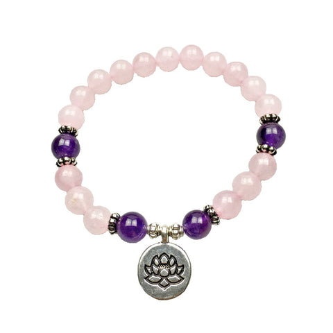 Buddha Bracelet Pink color Natural Rose Quartz Gem Stones Beaded  Stretchable Bracelet with Silver Buddha Head
