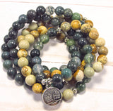 108 Mala Beads Heart & Root Chakras Moss Agate + Picture Jasper & Tree of Life Charm Natural Gemstones Meditation Necklace