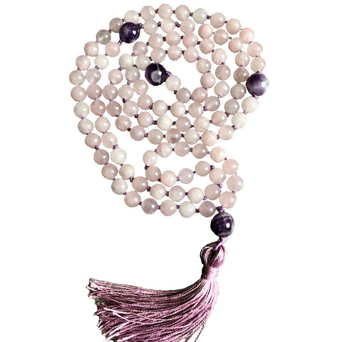 Anti-Stress Emotional Healing Mala Beads 108 REAL STONES Rose Quartz & Amethyst Lilac Tassel