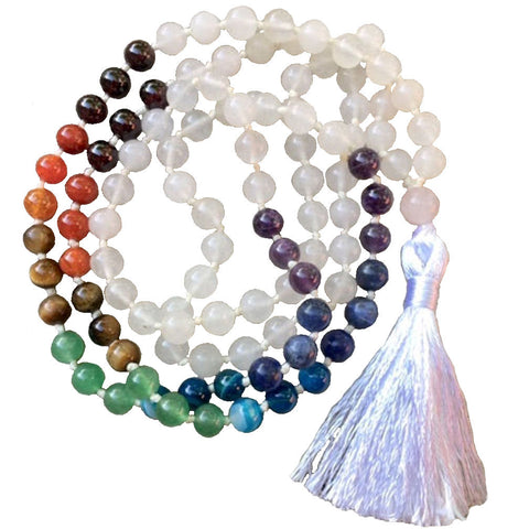 Anti-Anxiety Mala Beads 108 Natural Stones White Jade 7 Chakras